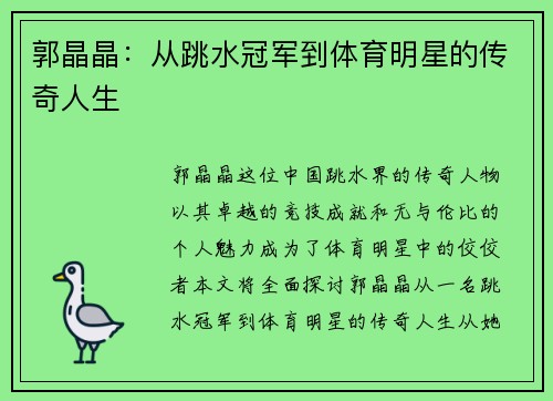 郭晶晶：从跳水冠军到体育明星的传奇人生